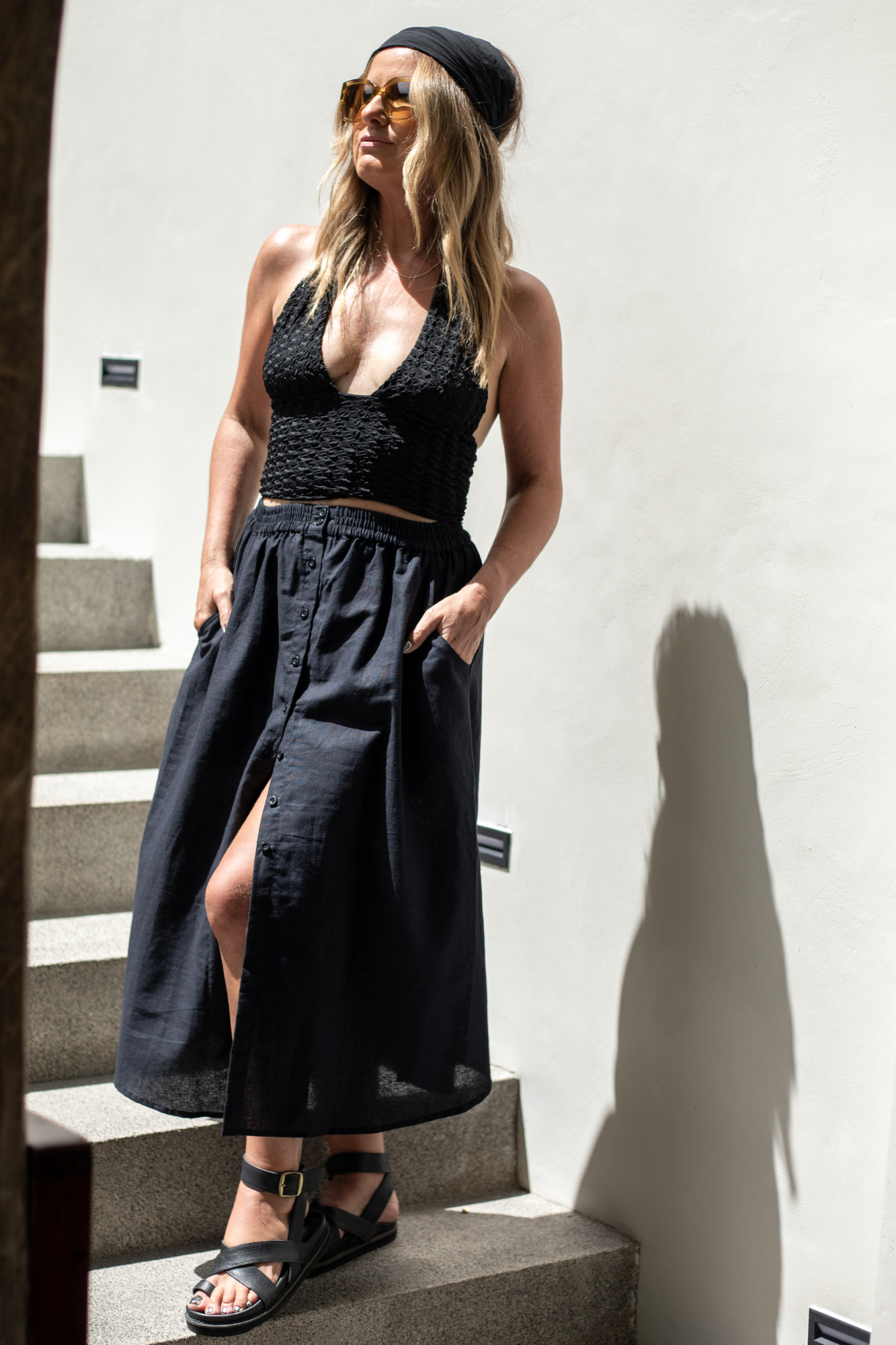 'Ana' Boho Linen Skirt - Black