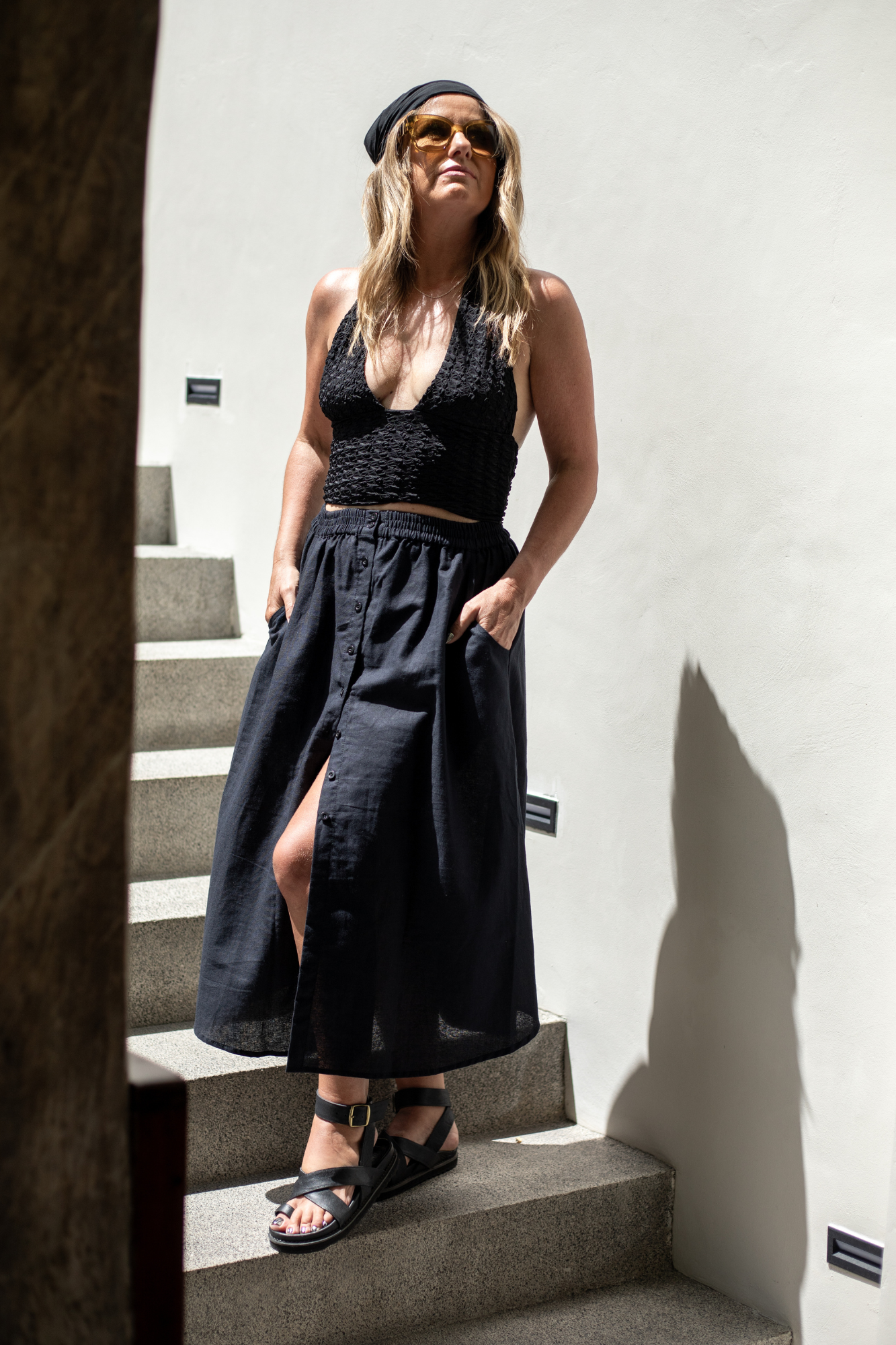 'Ana' Boho Linen Skirt - Black