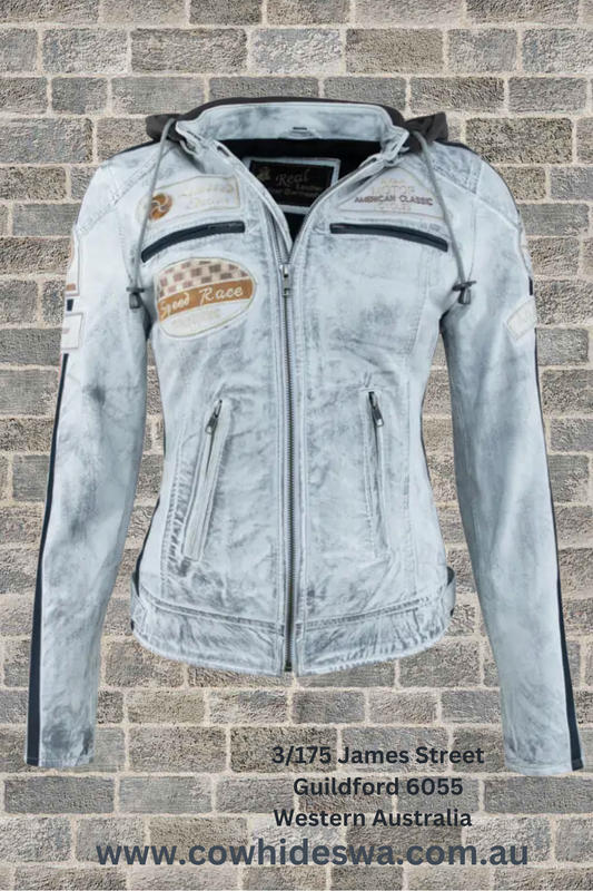 'Sixty-Six' Ladies Biker Leather Jacket - Antique Grey