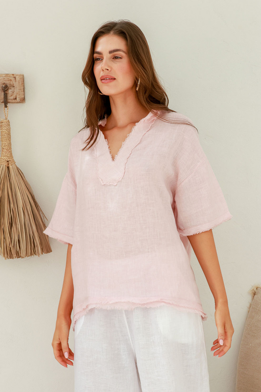 'Alma' Linen Top - Blush