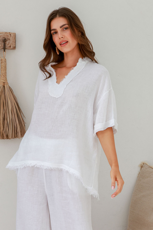 'Alma' Linen Top - White