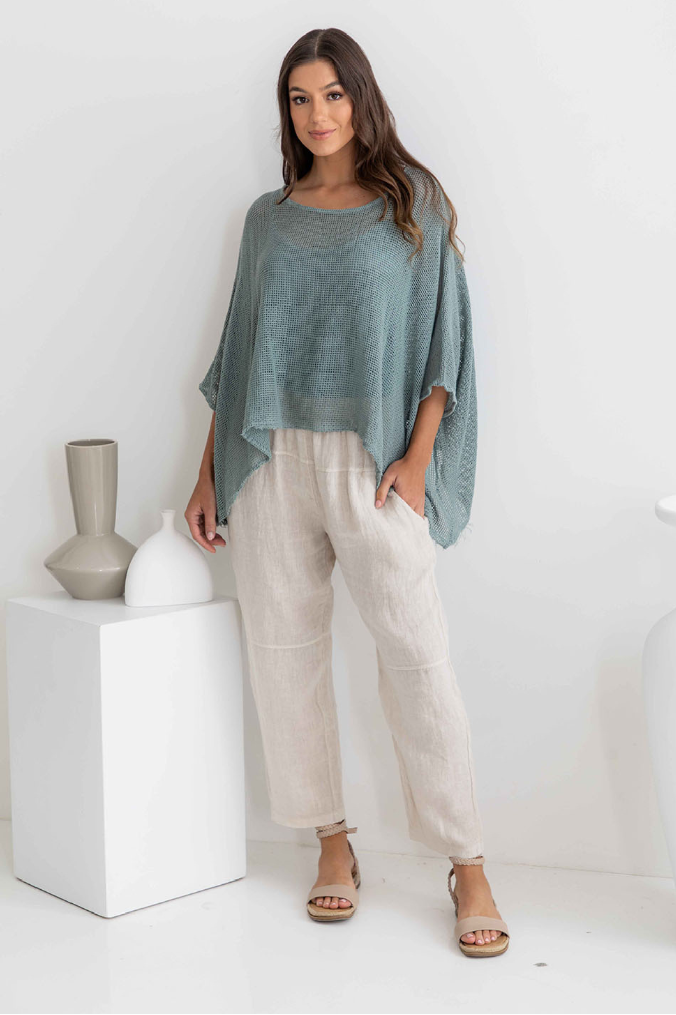 'Belle' Mesh Linen Top - Sea Breeze