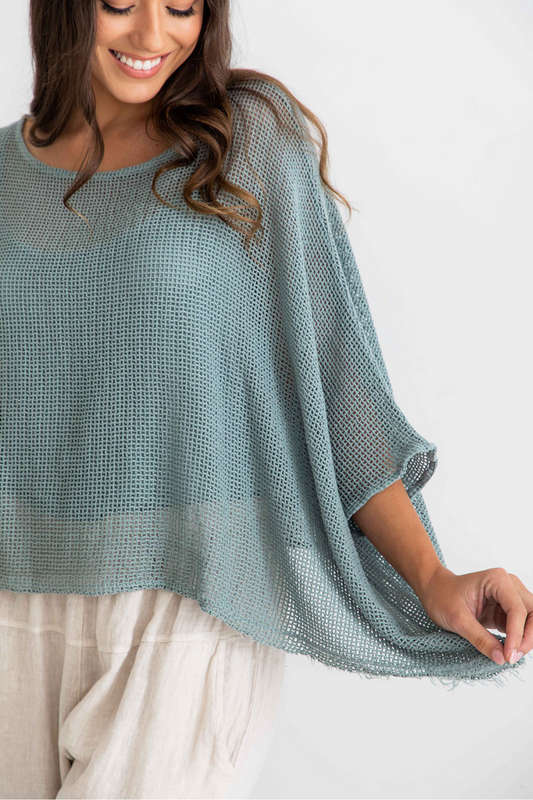 'Belle' Mesh Linen Top - Sea Breeze