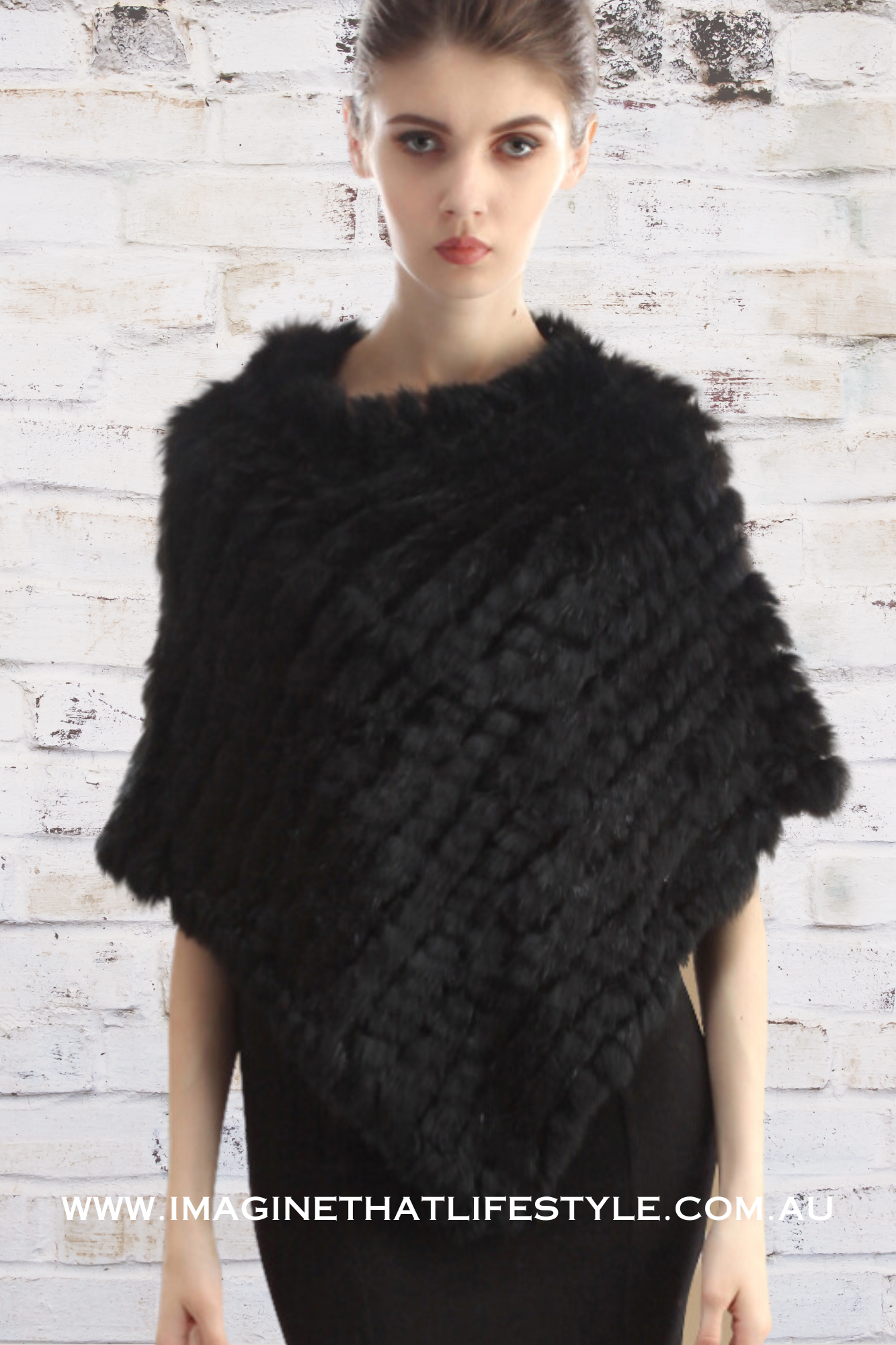 'Milan' Genuine Fur Poncho - Black