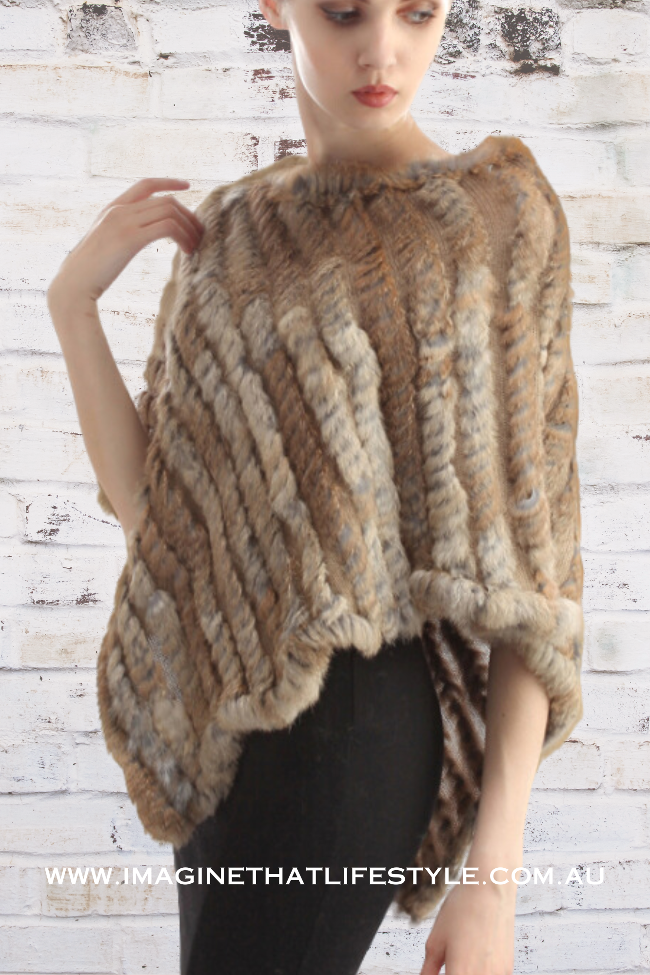 'Milan' Genuine Fur Poncho - Camel