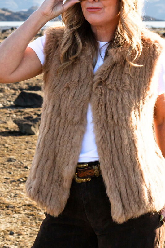 'Paris' Genuine Fur Vest - Camel