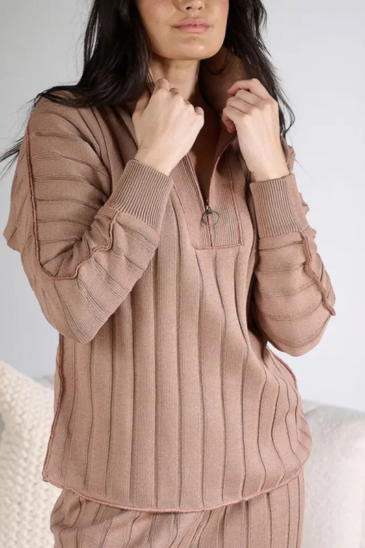 'Catalina' Zip Lounge Sweater - Terracotta Latte