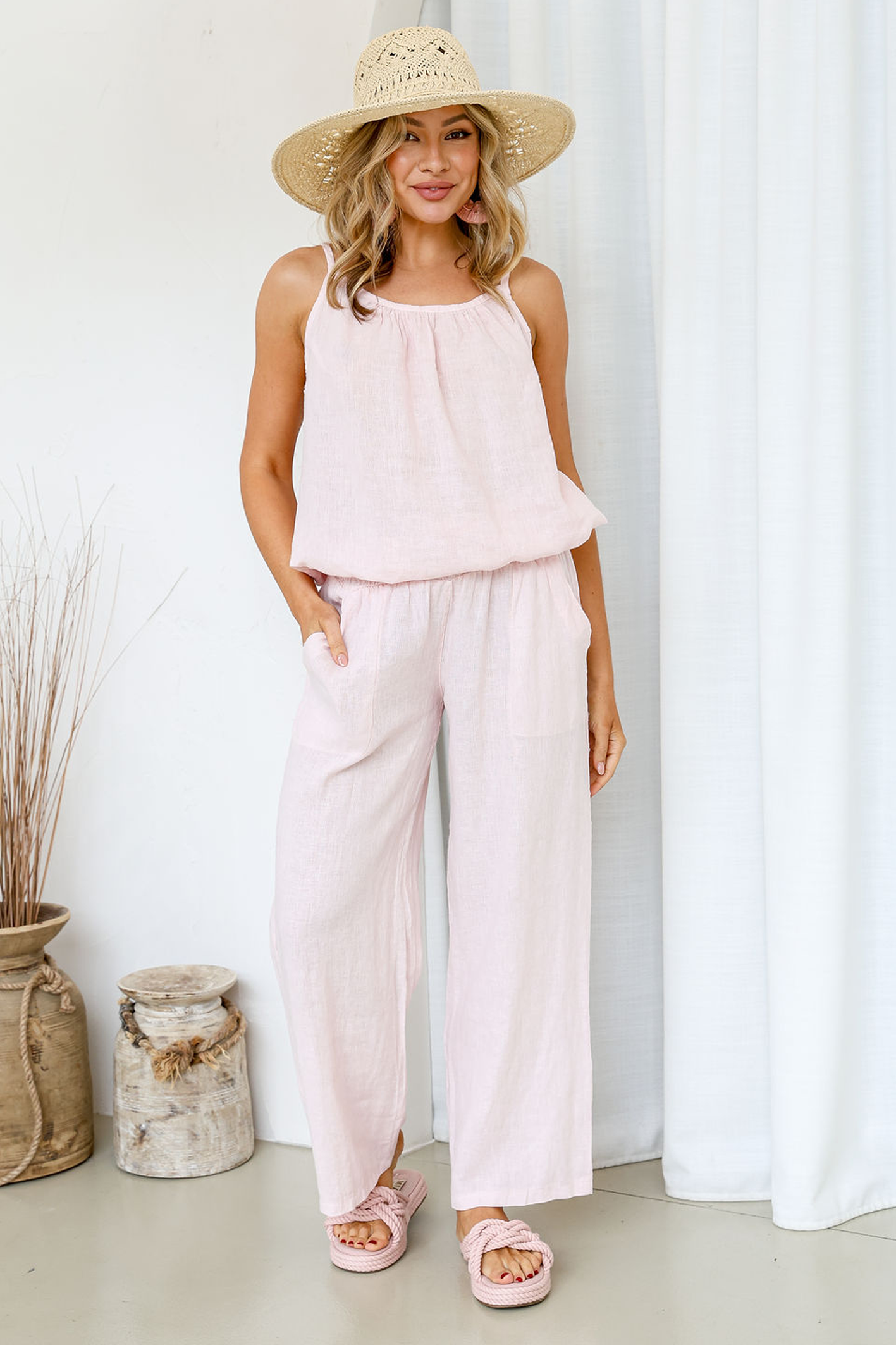 'Lucia' Linen Pant - Blush