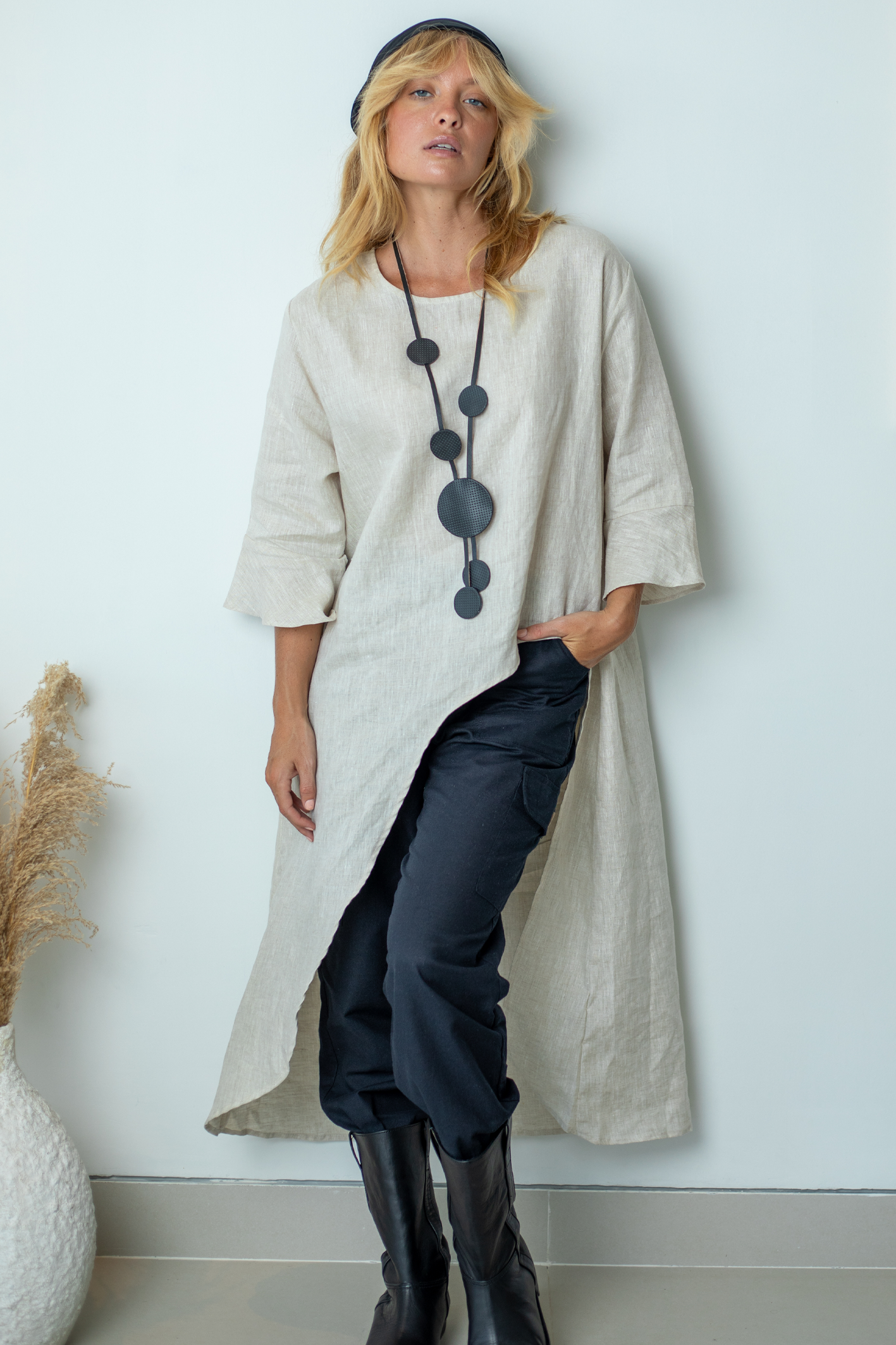 'Florence' Long Sleeve Linen Top - Natural