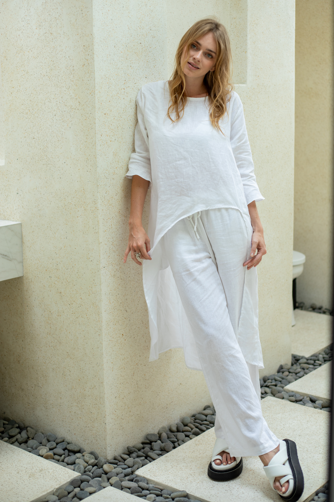 'Florence' Long Sleeve Linen Top - White