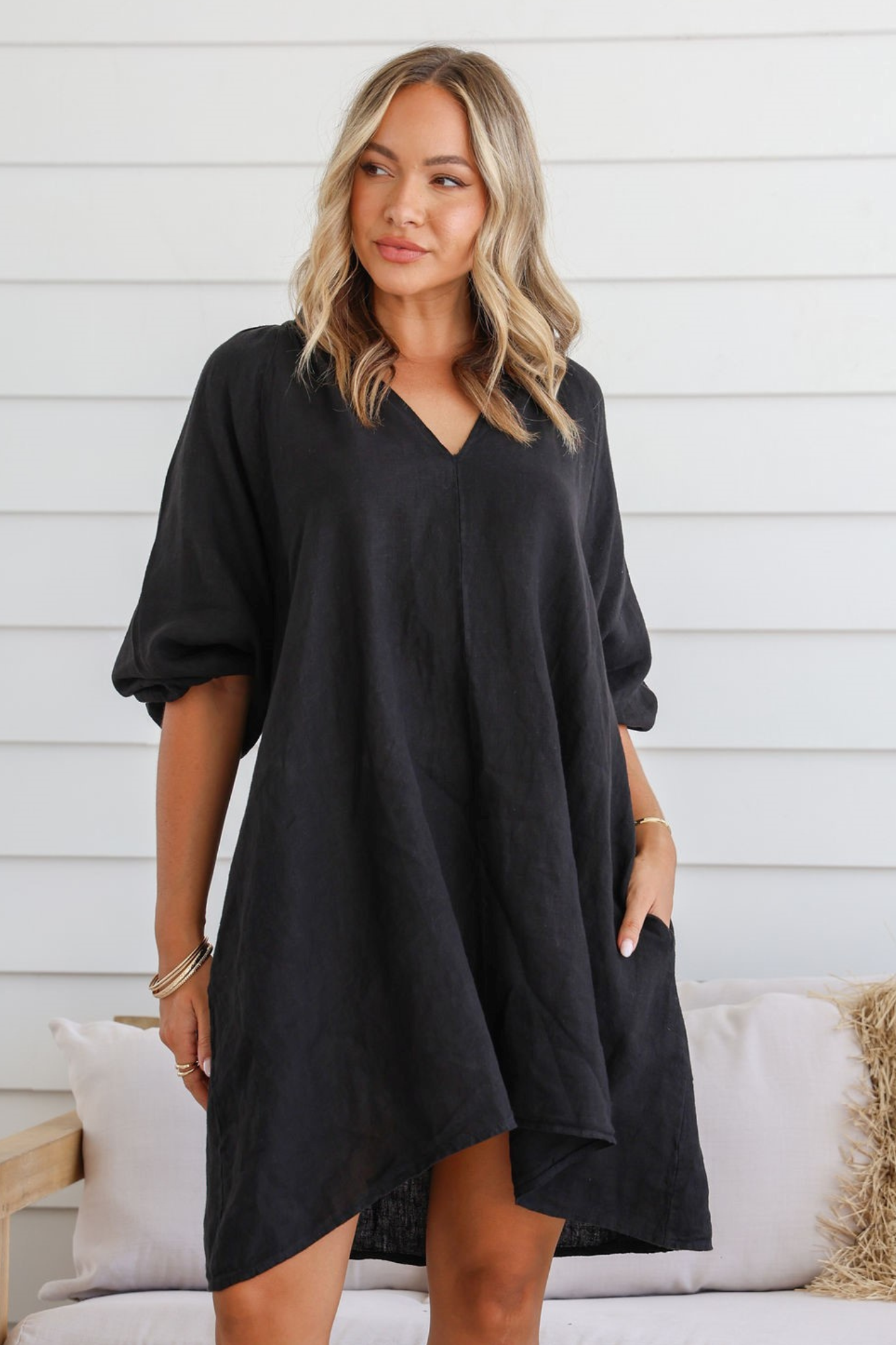 'Felicity' Midi Linen Dress - Black