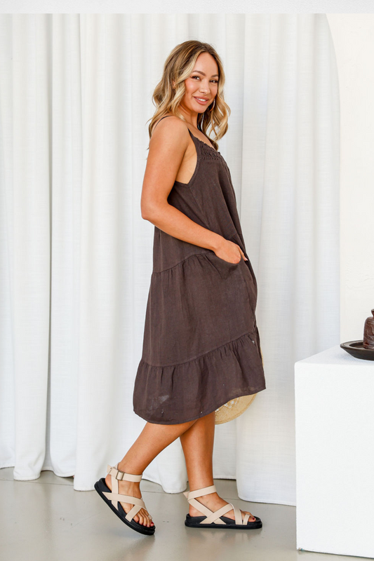 'Leah' Linen Dress - Chocolate