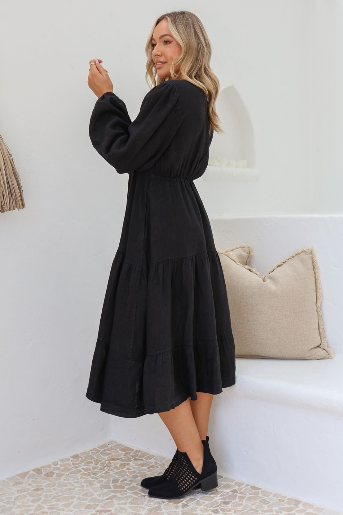 'Inez' Boho Linen Dress - Black