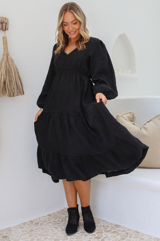 'Inez' Boho Linen Dress - Black