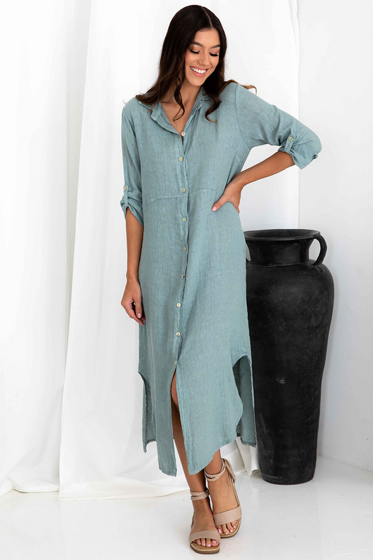 'Kylie' Linen Dress - Sea Breeze