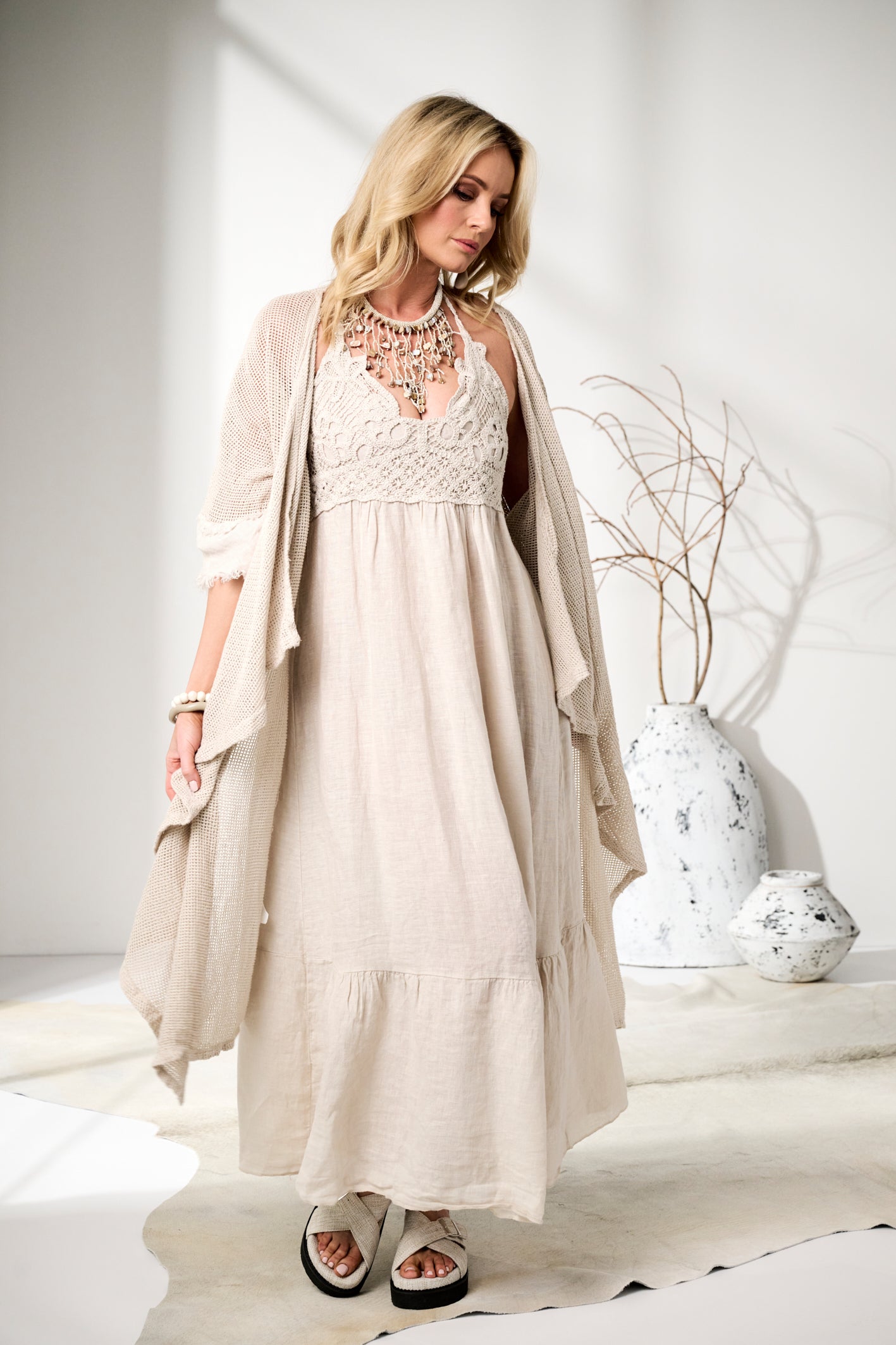 'Ruby' Mesh Long Linen Boho Kimono - Sand