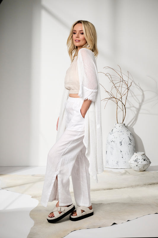 'Ruby' Mesh Long Linen Boho Kimono - White