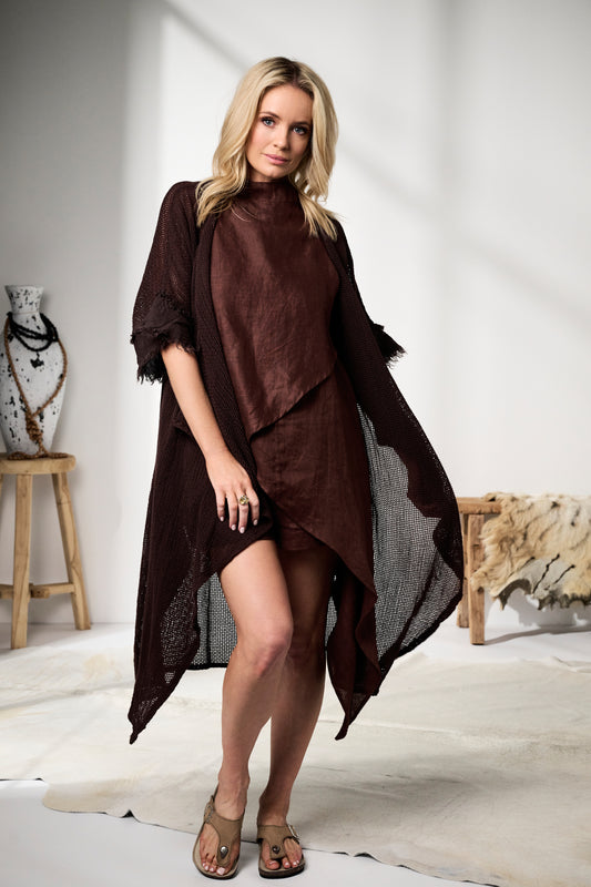 'Ruby' Mesh Long Linen Boho Kimono - Chocolate