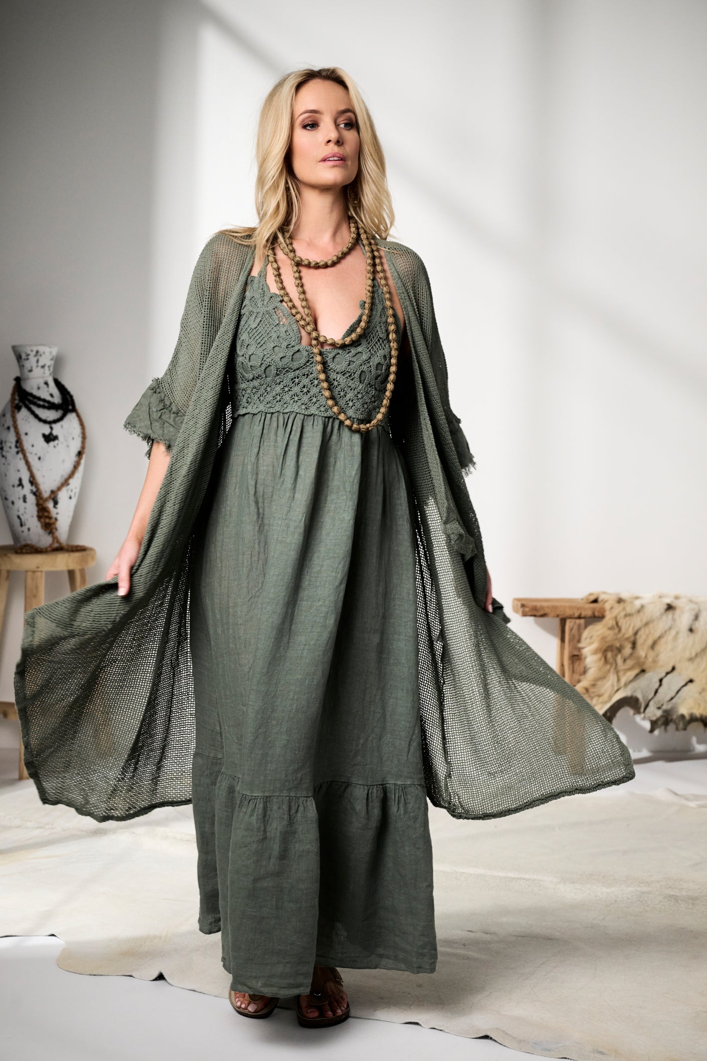 Ruby' Mesh Long Linen Boho Kimono  - Khaki