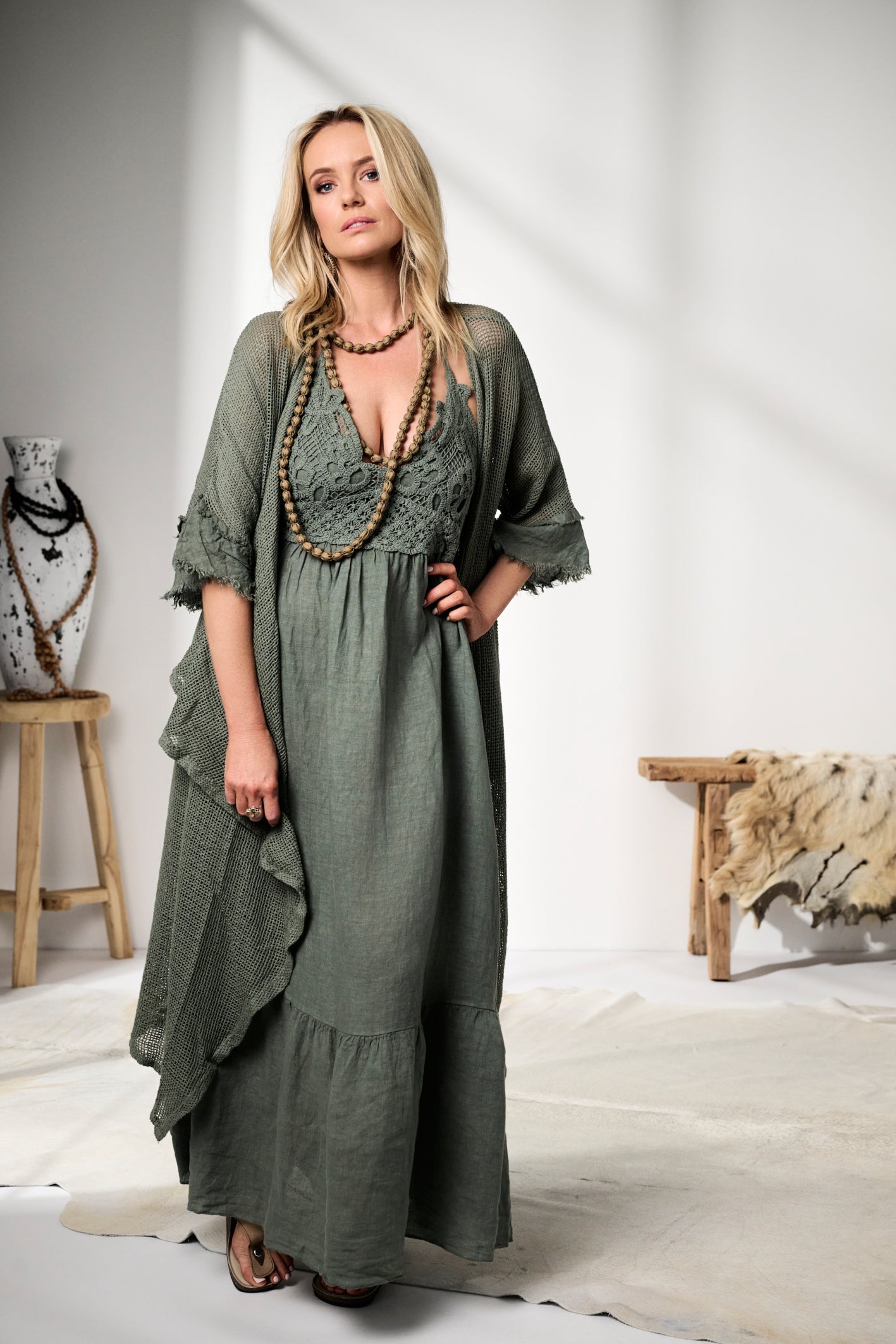 Ruby' Mesh Long Linen Boho Kimono  - Khaki