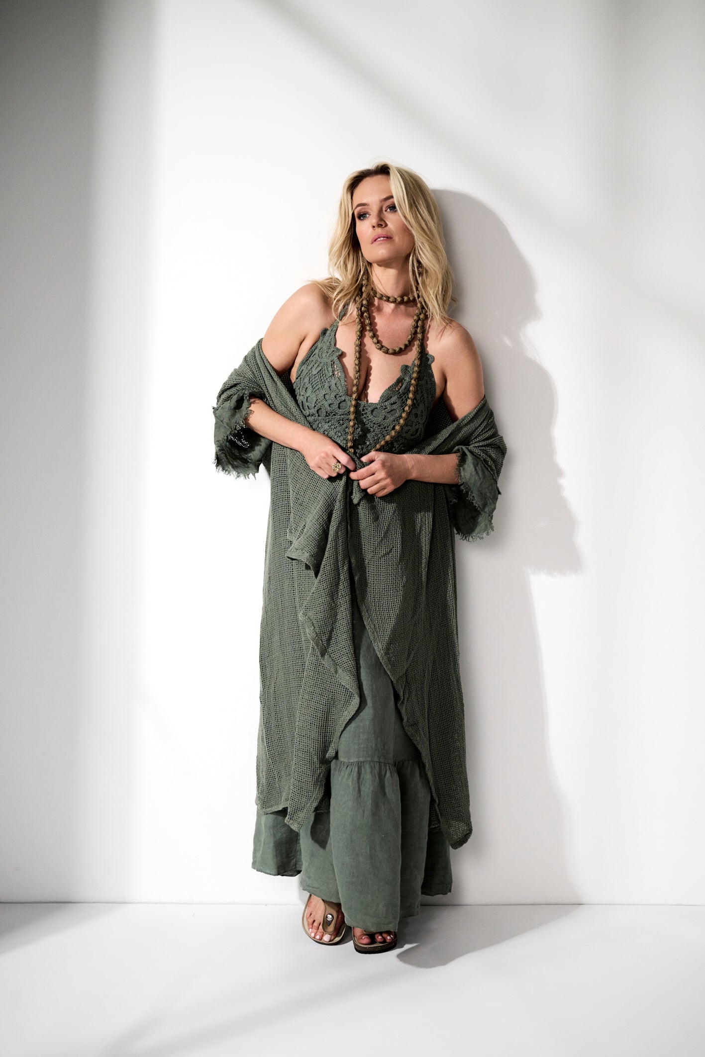 Ruby' Mesh Long Linen Boho Kimono  - Khaki