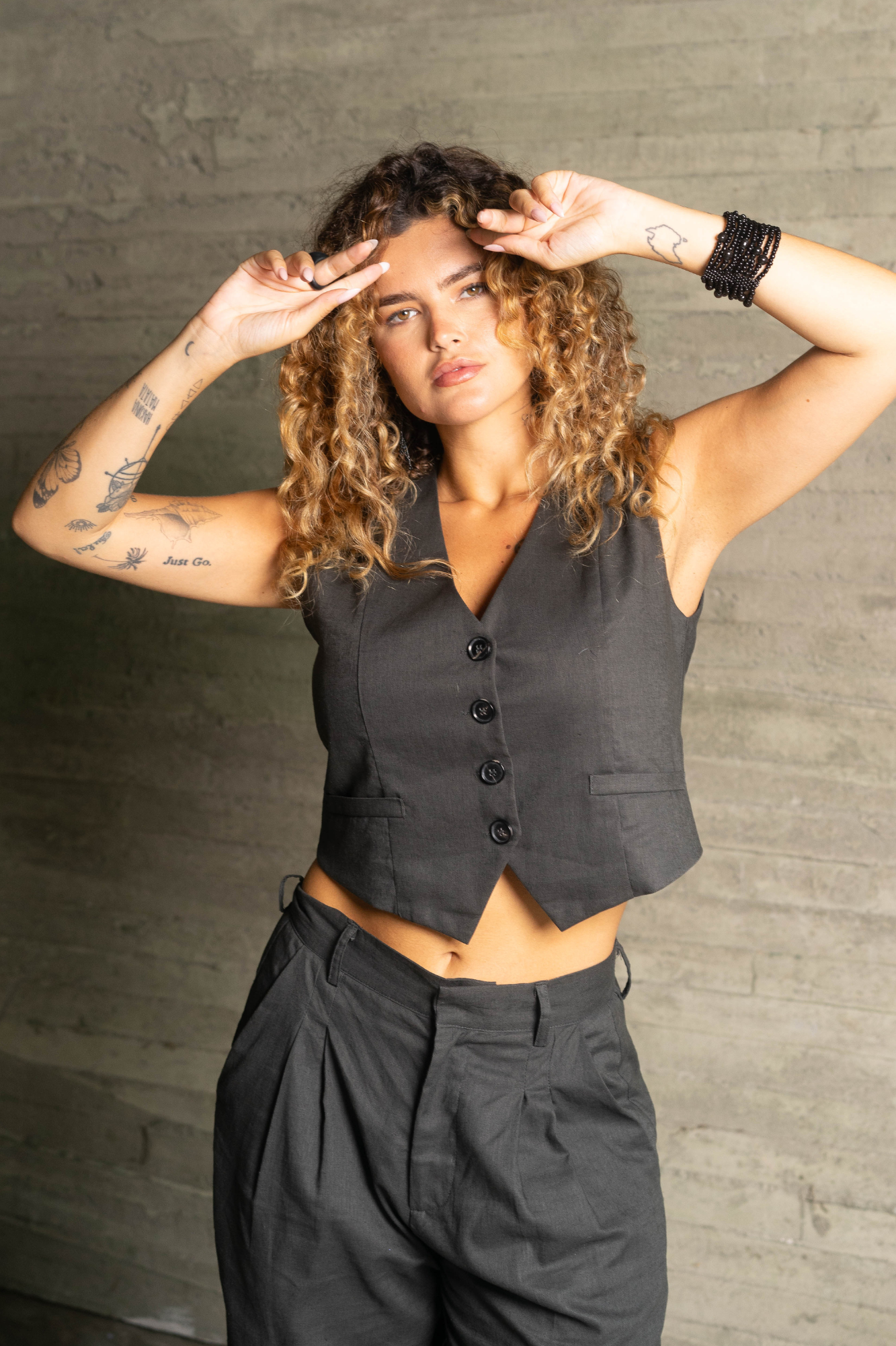 'Dixie' Linen Vest - Charcoal