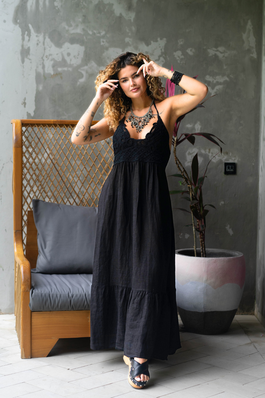 'Asha' Linen Dress - Black