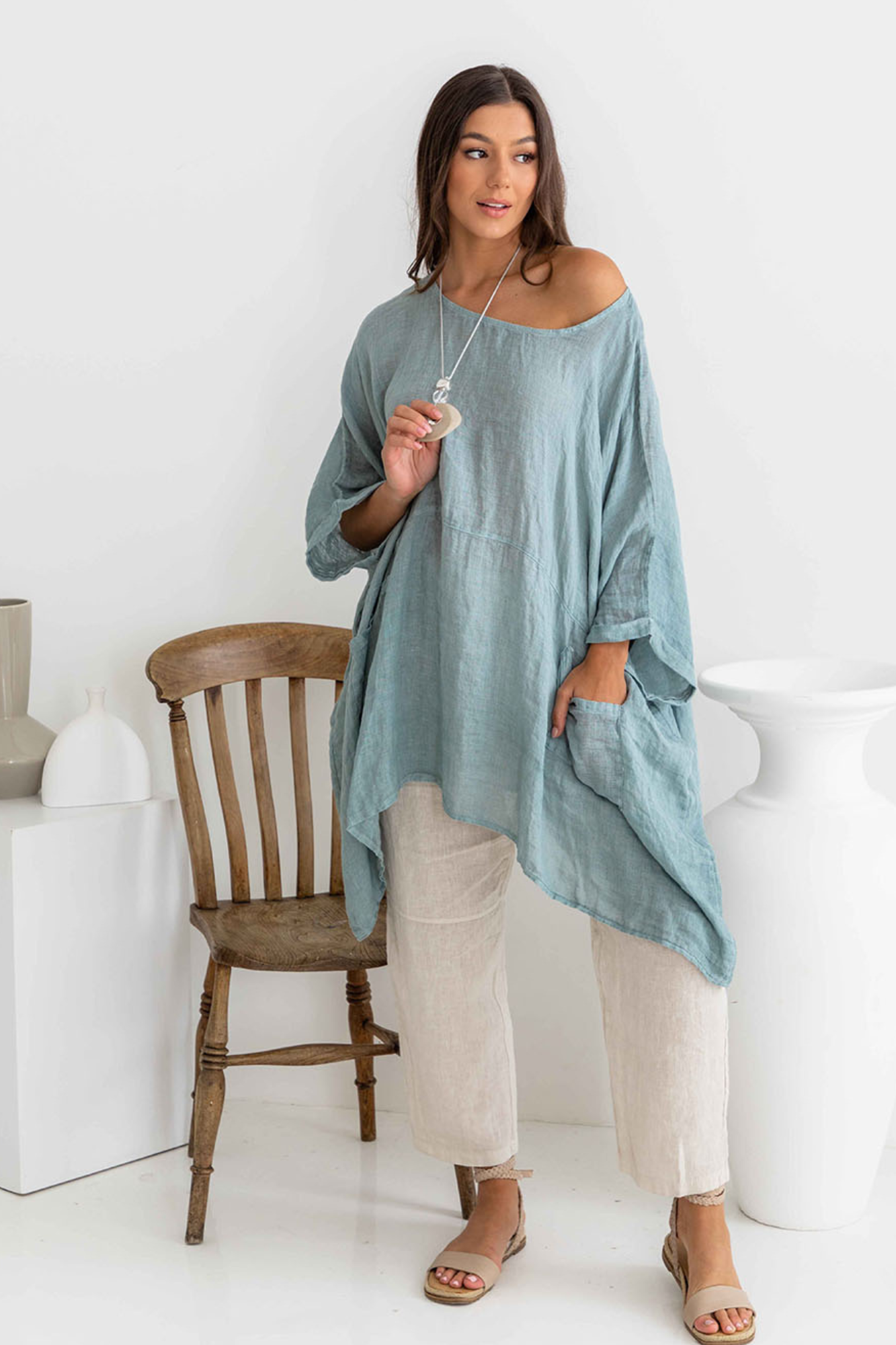 'Tami' Linen Top - Sea Breeze