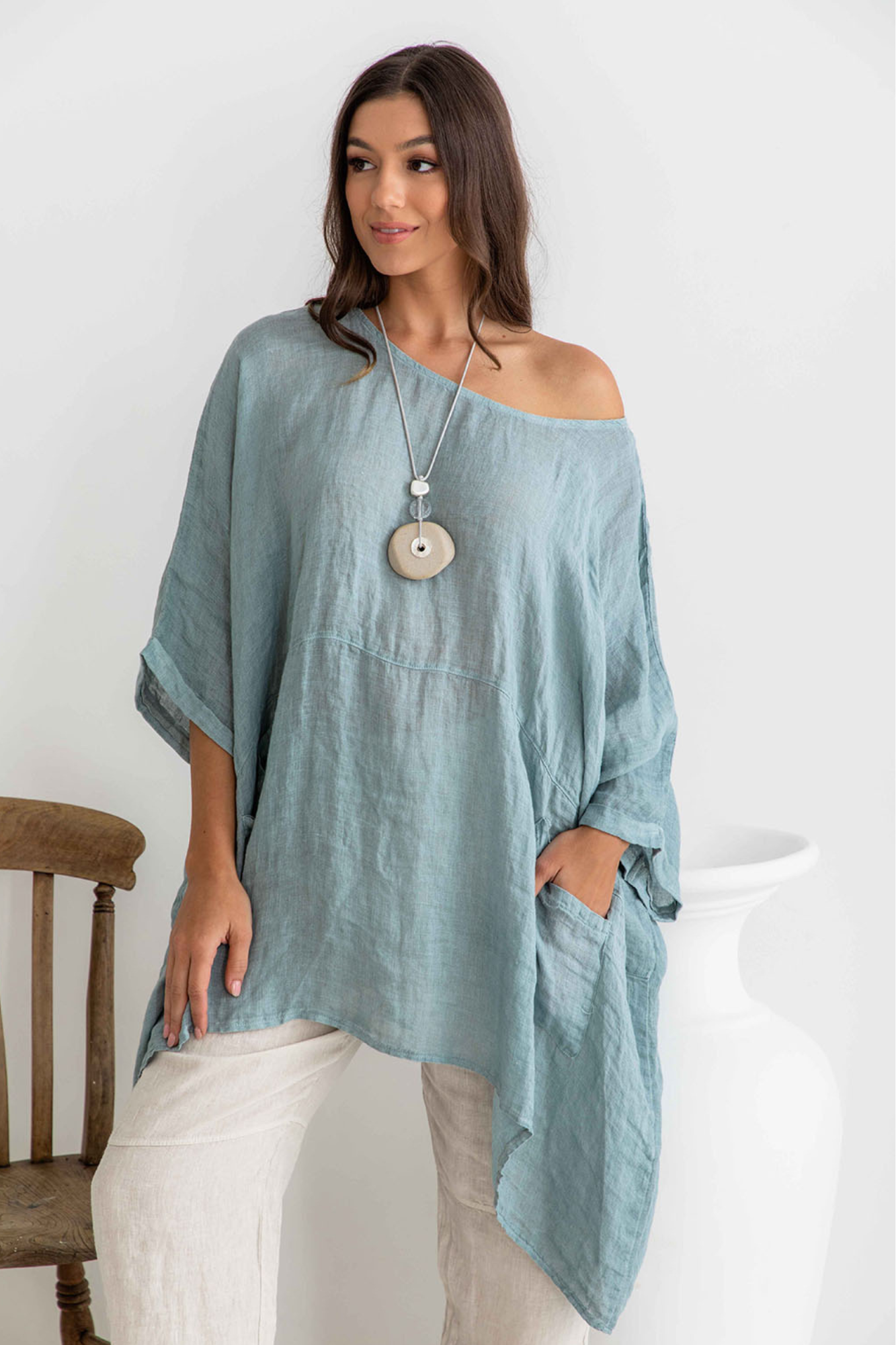 'Tami' Linen Top - Sea Breeze