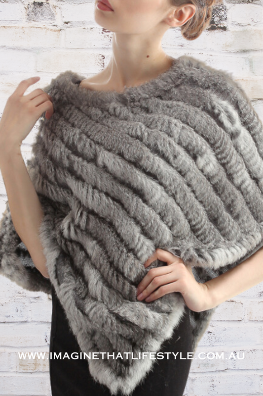 'Milan' Genuine Fur Poncho - Silver Grey