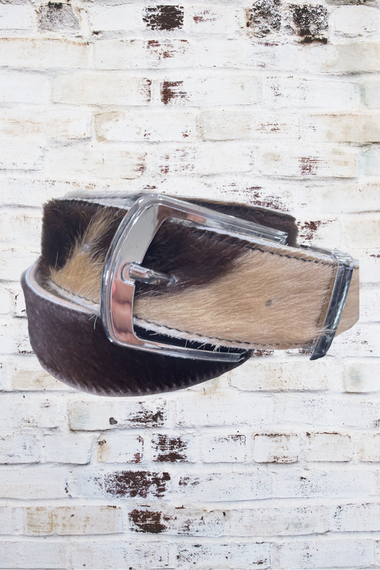 Animal Print Cowhide Belt - Brown, Beige & White